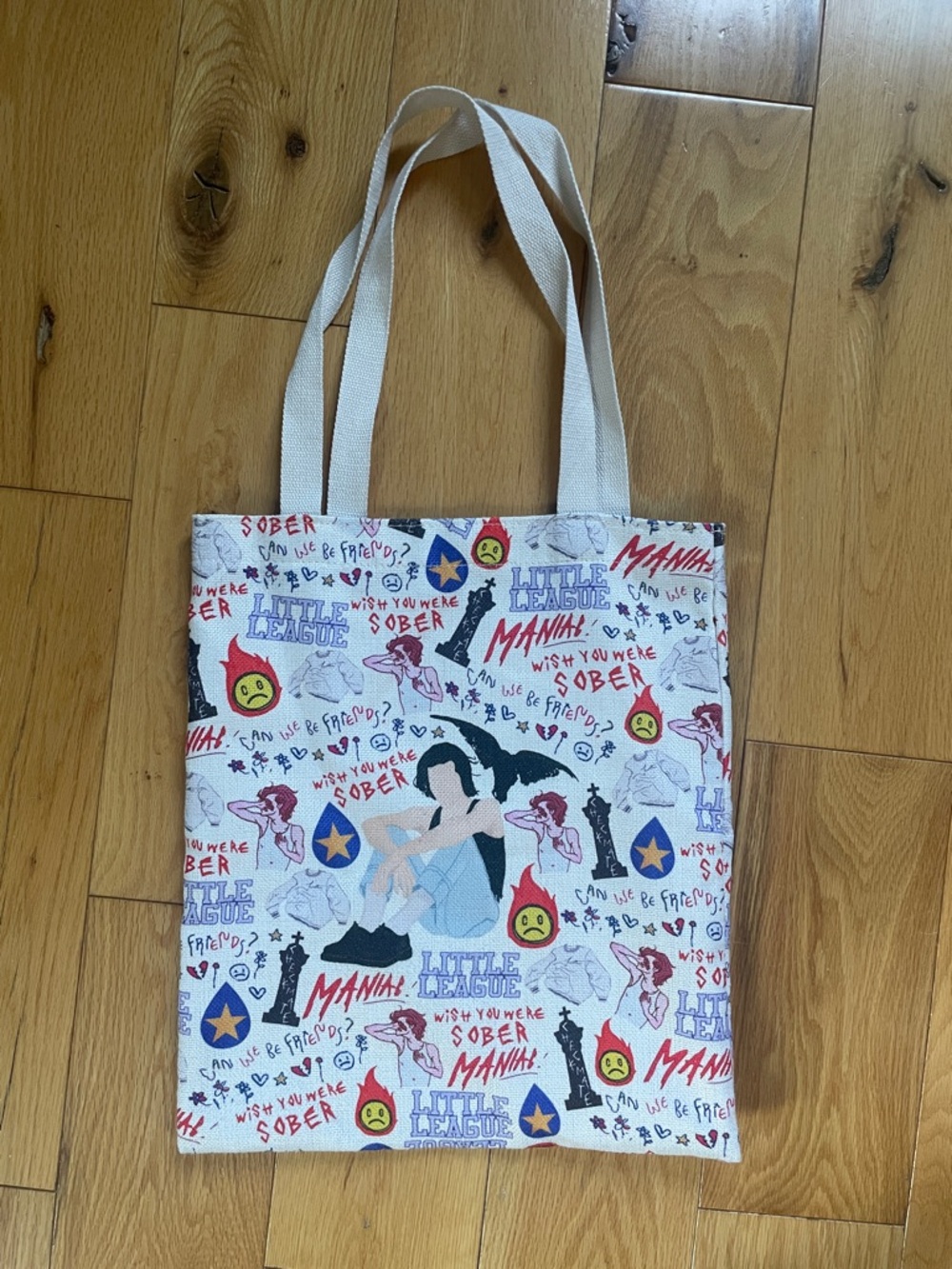Canvas Conan Gray Tote Bag in White with Multicolor Print